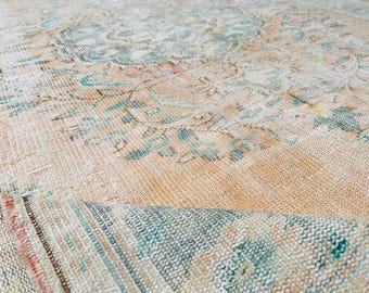 Alfombra Oushak de lana hecha a mano, beige y verde, estilo turco vintage, 6x9