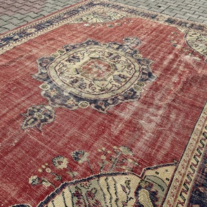 8x11 Red Blue Rug, 8x11 Vintage Rug, 8x11 Original Oushak Rug, Turkish Area Rug, Large Turkish Rug, Vintage Handmade Rug, 8x11 Oversize Rug