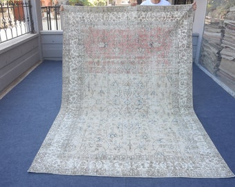 7x10 Vintage Area Handmade Bohemian Mixed Allover Medallion Pastel Beige Brown Wool Distressed Turkish Anatolian Natural Large Oushak Rug
