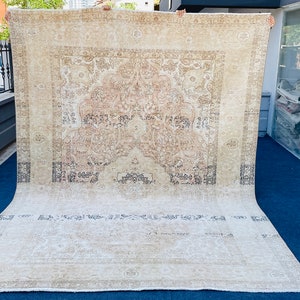 8x10 Vintage Area Antique Persian Floral Medallion Pale Pink Beige Wool Handmade Distressed Low Pile Oriental Square Oushak Large Rug