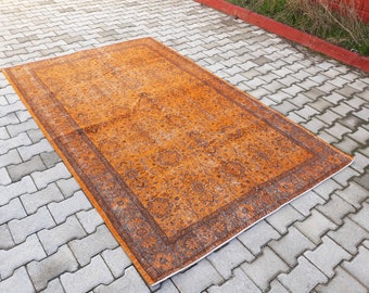 Vintage Anatolian 5.2x8.2 Rug Overdyed Distressed Orange Handwoven Wool  Area Rug Floral  Pale Brown Modern Colors Large Rug 1950's