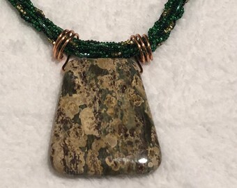 Green and Gold Handwoven Kumihimo Beaded Necklace with Jasper Pendant and Matching Bracelet Set