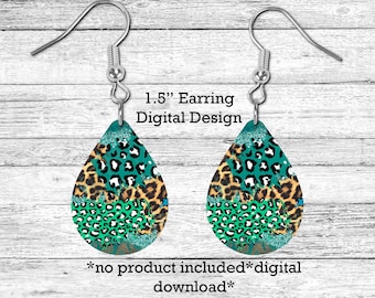 Blue Green Cheetah Wild Leopard Earring Instant Download Design Template Bundle PNG, Craft, Clip Art Design