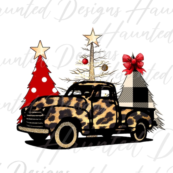 Leopard Truck Christmas Tree Leopard Marquee Buffalo Plaid Sublimation Design PNG Clipart Craft, Digital Download DTF