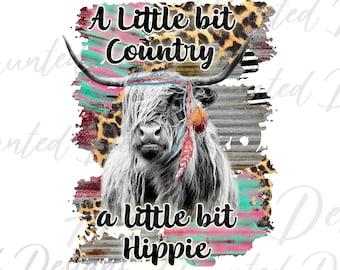Country and Hippie Longhorn Highland Bull sublimation design PNG, Craft, Clip Art, Instant Digital Download DTF