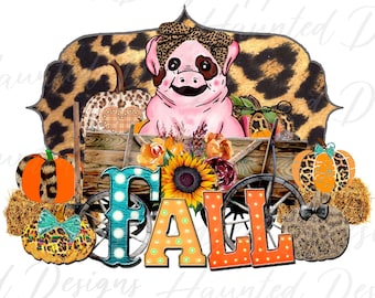 Fall Scene Pumpkin Watercolor Pig Wagon Serape Cheetah Sublimation Design PNG Clipart Craft, Digital Download DTF