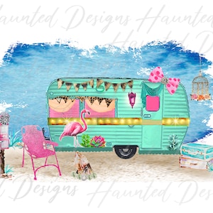 Archivo de sublimación PNG de caravana vintage con escena glamping, manualidades, imágenes prediseñadas, descarga digital instantánea DTF