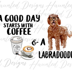 Disegno a sublimazione del caffè del cane Labradoodle PNG, artigianato, design clip art, download digitale istantaneo DTF