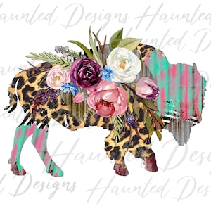 Buffalo Patchy Leopardenmuster Blumen Silhouette Aquarell Sublimationsdesign PNG Clipart Handwerk, digitaler Download DTF