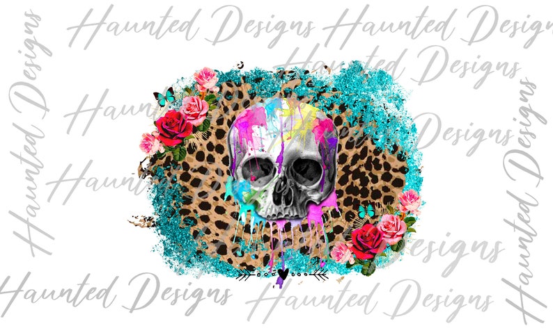 Graphic Clip Art Skull Glitter Splat Floral Leopard watercolor Skull PNG Digital Download