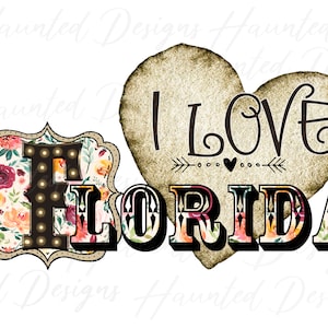 Ich liebe Florida Blumen Boho Herz Sublimationsentwurf PNG, Handwerk, Clip Art, sofortiger digitaler Download DTF