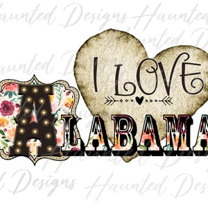 I Love Alabama Floral Boho Heart sublimation design PNG, artisanat, clipart, téléchargement numérique instantané DTF