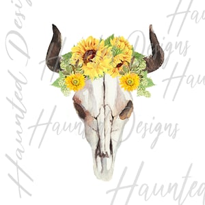 Tournesol tête de mort corne courte gitane Boho, téléchargement numérique instantané, PNG, artisanat, Clip Art Design DTF