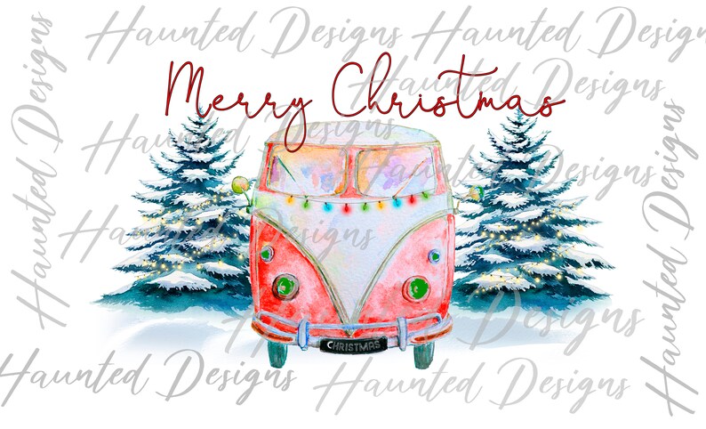 Printed Sublimation Transfer Merry Christmas Vintage Camper Van Bus design