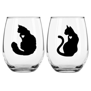 Copas de vino de gato: sin tallo, diseño de gato de vinilo (juego de dos)