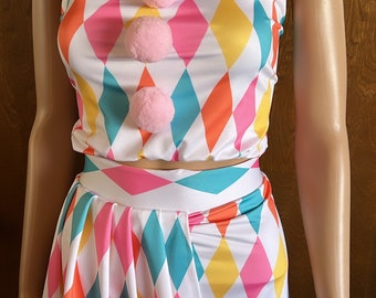 Sexy Clown Costume,  clown halter, skort, and choker. Clowncore, harlequin.