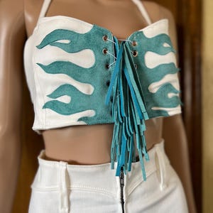 Leather Flames Halter Top Corset with Fringe - Sierra Ferrell inspired