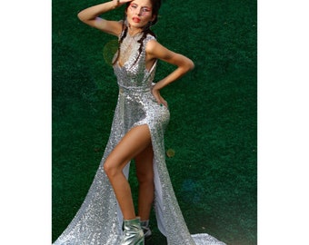 Disco Sequin Gown Space Cowboy Gown Waterfall Open Back with Train