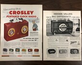 Zenith Radio , Crosley Clock Radio 1950s Original Magazine Print Ad, Advertisemen, 2 Ads In One Backing Board 429