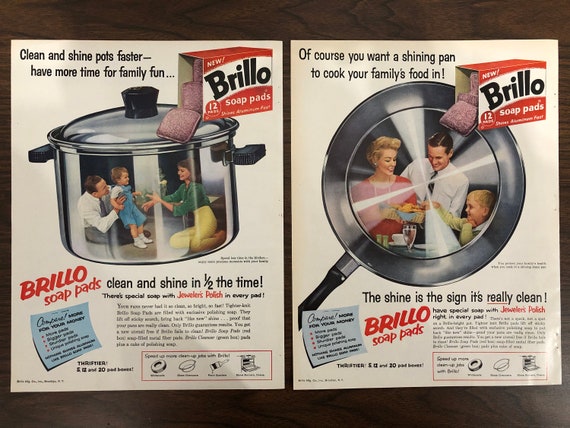 Brillo Soap Pads Shines Aluminum Fast 1950s Original Magazine Print Ad, Advertisemen, 2 Ads In One Backing Board # 372