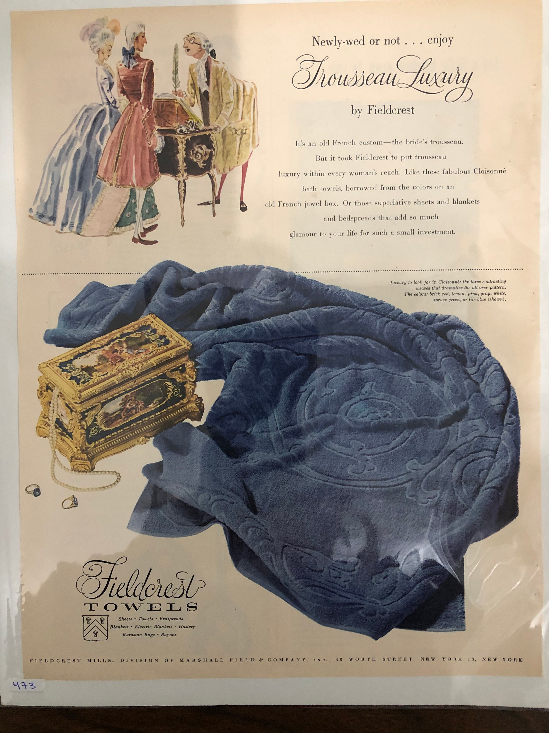 Fieldcrest Towels 1950s Original Magazine Print Ad, Advertisemen