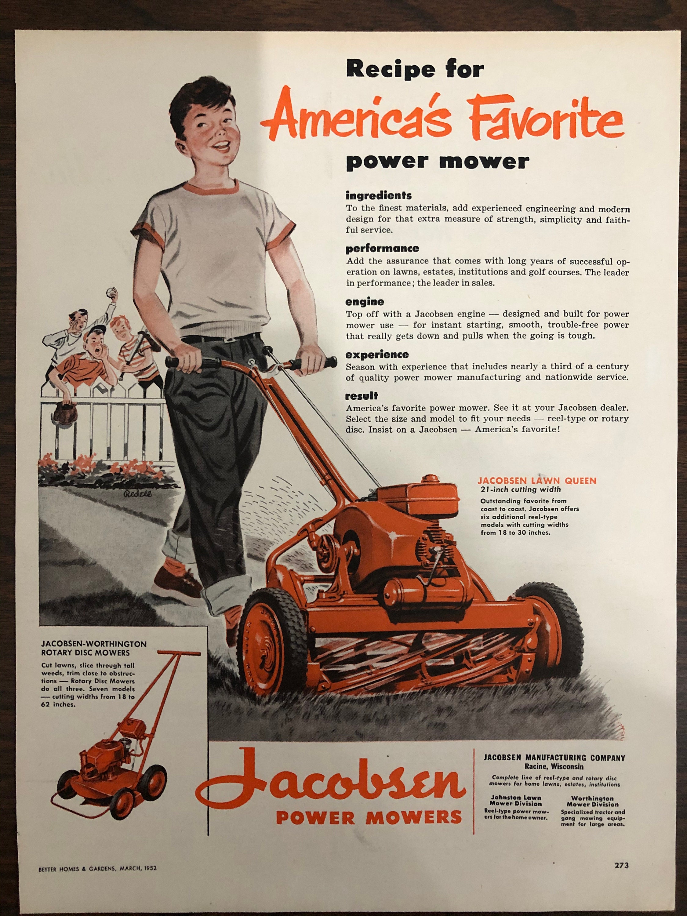 Jacobsen Power Mowers 1950s Original Magazine Print Ad
