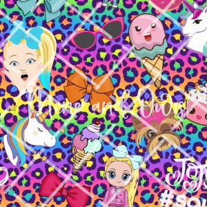 May include: A colorful, rainbow-themed fabric with a leopard print background. The fabric features various cartoon images, including a unicorn, a cupcake, a dog, sunglasses, bows, and a girl with blonde hair. The text "#SO" is visible in the bottom right corner.