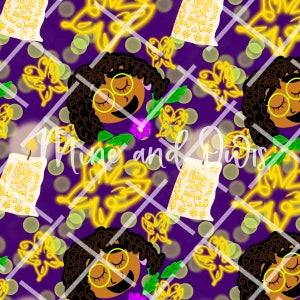 May include: A seamless pattern featuring a cartoon illustration of a smiling girl with curly hair wearing glasses. The background is a purple color with yellow butterflies, flowers, and candles.