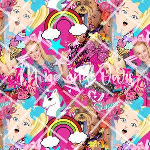 May include: A pink and white digital print fabric featuring a repeating pattern of a girl with blonde hair, a unicorn, a rainbow, and the text "Bow Bow Bow Bros" and "Super Cute".
