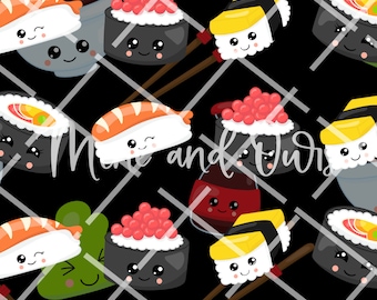 Könnte beinhalten: Ein nahtloses Muster mit verschiedenen Sushi-Sorten, darunter Nigiri, Maki und Sashimi, alle mit niedlichen Comic-Gesichtern. Das Sushi ist auf einem schwarzen Hintergrund mit Stäbchen und Sojasauce angeordnet.