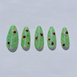 Ladybug Leaf Handpainted Press On Nails