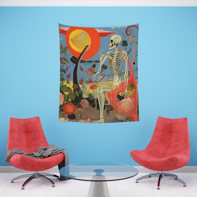 Retro Skeleton Tapestry A Vibrant Dreamscape for Art Lovers Surreal