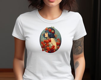 Coquette Strawberry Lover Fitted Tee| Botanical Shirt for Strawberry Lovers| Eco-Friendly Fair Trade Cute Strawberry Shirt| Strawberry Gift