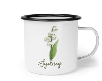 Lily Of The Valley May Birth Flower Mug Floral Enamel Camp Cup Custom Birthday Gift, Mom, Camping, Glamping, Bridal Party & Bachelorette