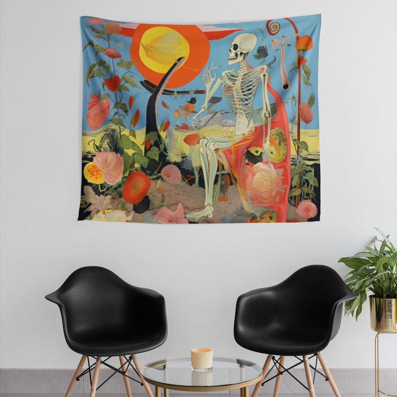Retro Skeleton Tapestry A Vibrant Dreamscape for Art Lovers Surreal