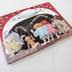 May include: A vintage children's book with a colorful illustration. The cover features a red border with white stars and a central image of figures holding wheat stalks. Newspaper headlines include "Leaner Times" and "Homeless Shelters Struggle".