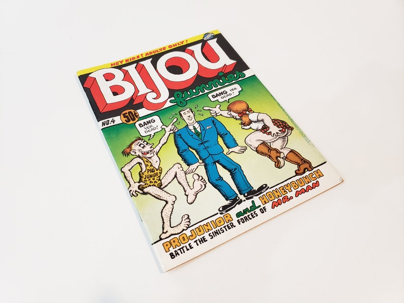 May include: A vintage comic book titled "Bijou" with a colourful cover. The cover features cartoon illustrations of characters in action, with speech bubbles saying "Bang". The comic is marked "No. 4" and priced at 50 cents.