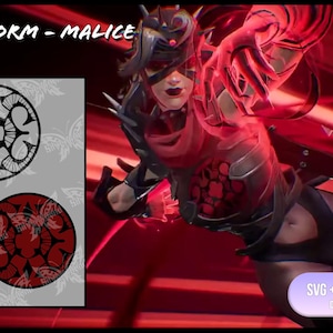 May include: A digital illustration of a red and black symbol with a geometric design. The symbol is surrounded by a white background with a pattern of small, white butterflies. The text "Sue Storm - Malice" is visible at the top of the image.
