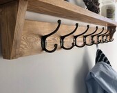 Oak Coat Rack with Shelf made from Oak- Wooden Vintage Entryway Shelf with Cast Iron Finish Hooks