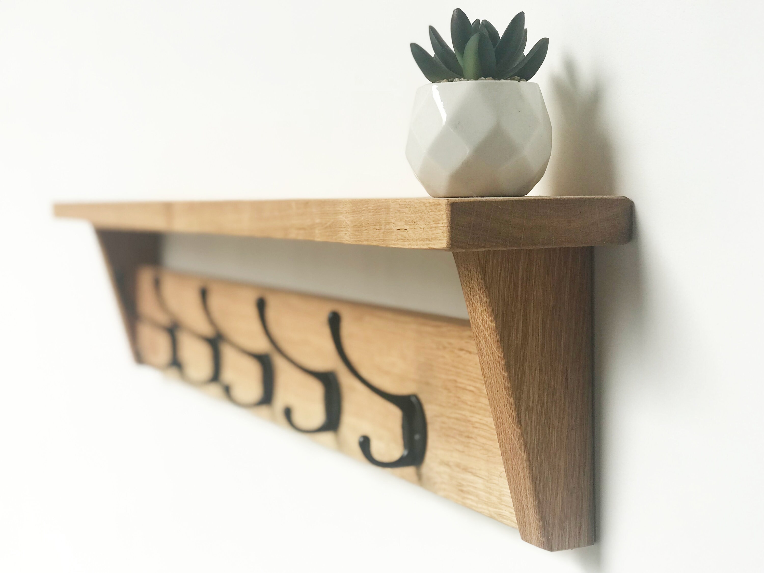 Oak Coat Rack With Shelf Wooden Entryway Shelf With Cast Iron Etsy