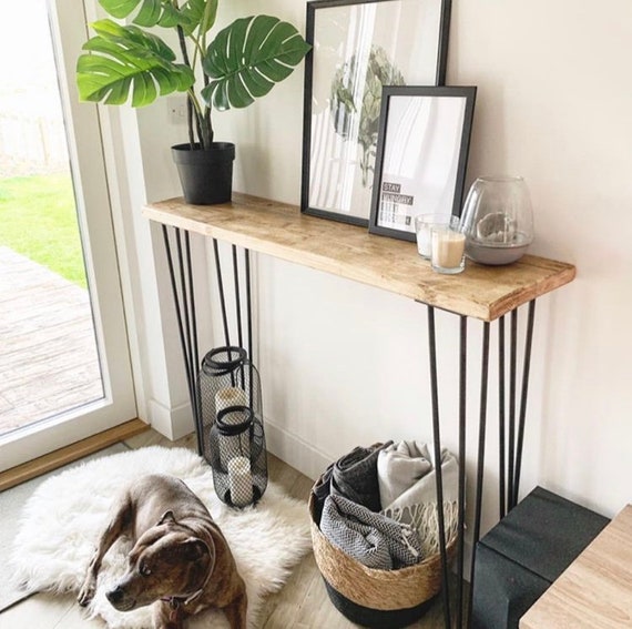 Narrow Rustic Console Table With Hairpin Legs Scaffold Board Etsy