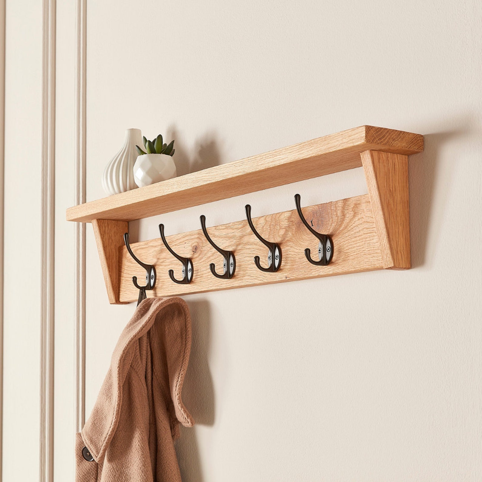 Oak Coat Rack With Shelf Wooden Entryway Shelf With Cast Iron Etsy