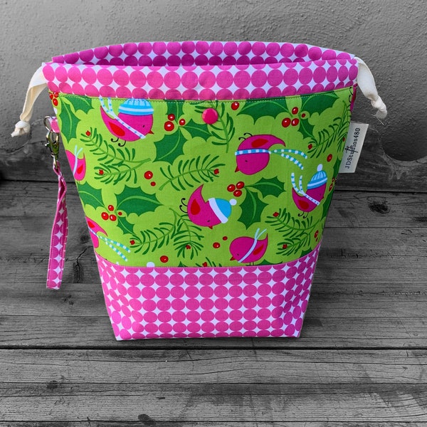 Holly Jolly Knitting Bag-Large Knitting Project Bag -Large Knitting Bag - Craft Project Bag -Knitting Sack-Holiday knitting Project Bag