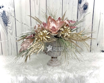 Elegant Holiday Centerpiece, Rose Gold & Champagne Decor, Christmas Urn