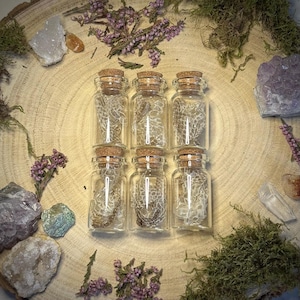May include: Six small, clear glass bottles with cork stoppers, filled with a textured, beige material. The bottles are arranged in two rows of three on a wooden surface, surrounded by purple flowers, moss, and crystals. A rustic, natural aesthetic.