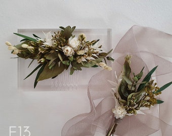 Hair Jewelry Eucalyptus - SET "E12" - Hair Comb and Lapel - Dried Flowers - Wedding Accessories - Boutonniere - Pin Groom