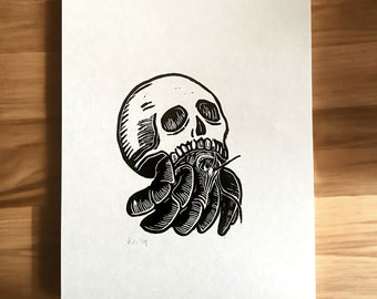 Eremit | linoleumsnitt | väggkonst | konst | dekor | gotisk | dödskalle | tatuering | alternativ | makaber | söt | krabba