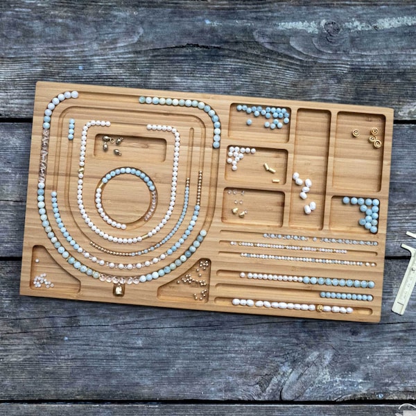 Kombi-Perlenbrett aus Holz für Ketten-/ Armband-Designer | 2 Rillenbreiten, Ketten 40 bis 76 cm (Schmuckbrett, Kettenbrett, Perlentablett)