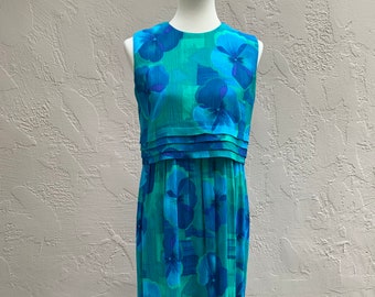 Vintage 90's Karin Stevens Tropical Aqua Blue Sheath Dress