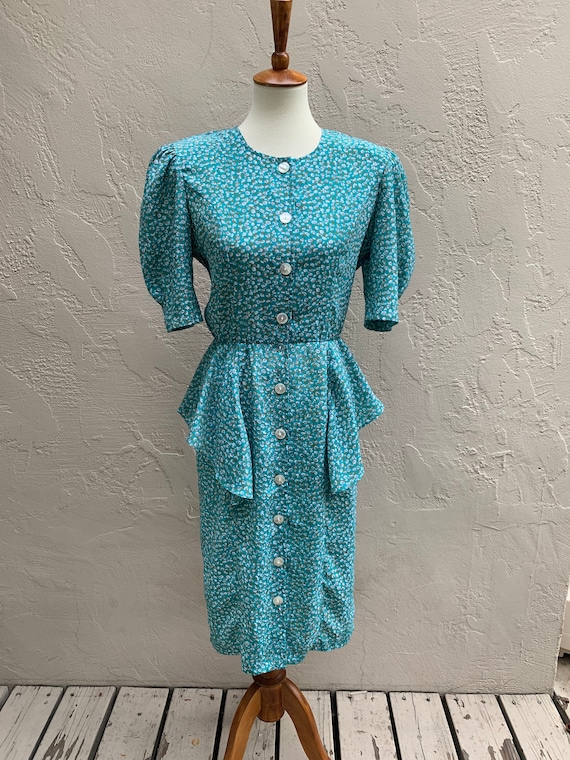 Vintage 80's Aqua Floral Peplum Secretary Dress